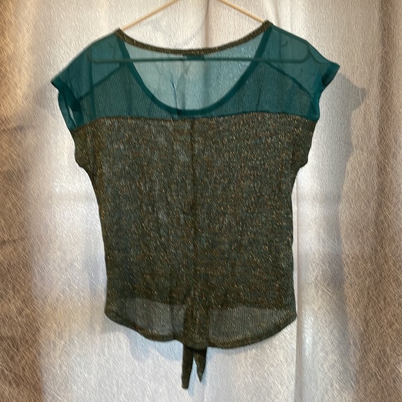 Dark teal sheer cap sleeve.  Body is teal/brown/gold metallic threading. - Picture 2 of 2